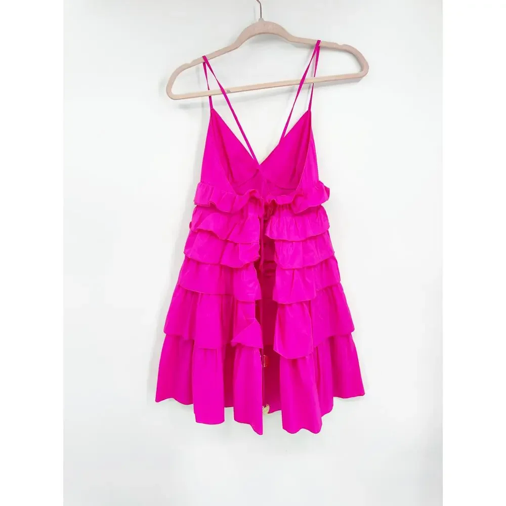STAUD Rylie Tiered Ruffle Dress Hot Pink Tiered Size S - Picture 4 of 5